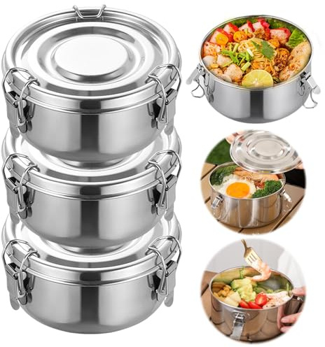 WIYETY 3 Stück Rundes 10cm Edelstahl Brotdosen, Auslaufsichere Lebensmittelbehälter, 304 Edelstahl mit Deckel und Dichtring, für Snacks, Obst, Müsli, Suppen