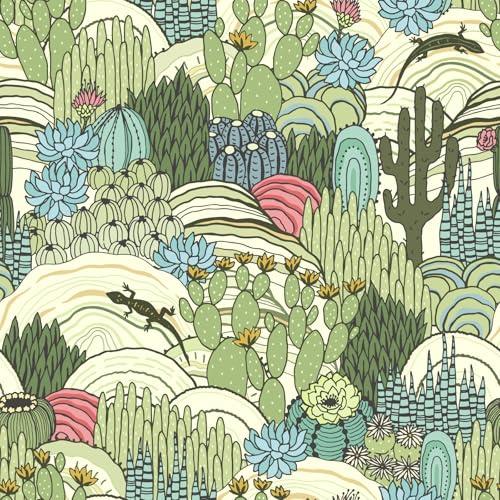SOEWIOU Green Cactus Plant Animal Wallpaper Desert Cactus Lizard and Cactus Floral Peel and Stick Wallpaper,44.5×300cm Bedroom Livinroom Cabinet Bathroom Waterproof Self Adhesive