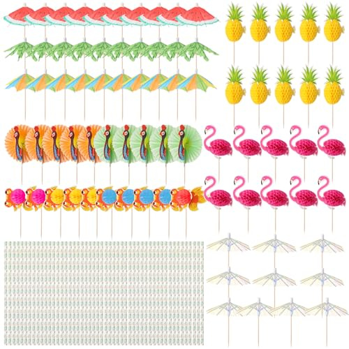saerryor 130 piezas de accesorios de cóctel para bebidas, decoración de fiesta de cóctel, bebidas de papel, paraguas de colores, popotes, palitos de frutas, accesorios de fiesta de verano, fiesta de
