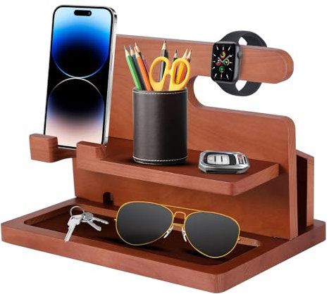 PCXWTLN Gifts for Men Bedside Organiser, Wooden Phone Docking Station, Key Holder Wallet Watch Stand, Gadgets for Men, Ideas Birthday Gifts for Dad Grandad from Son Daughter Ideas Presents
