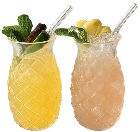 Lot de 2 verres en forme d'ananas avec pailles - 414 ml - Verres à cocktail amusants - En forme d'ananas - Pour bar, fête, jus de vin