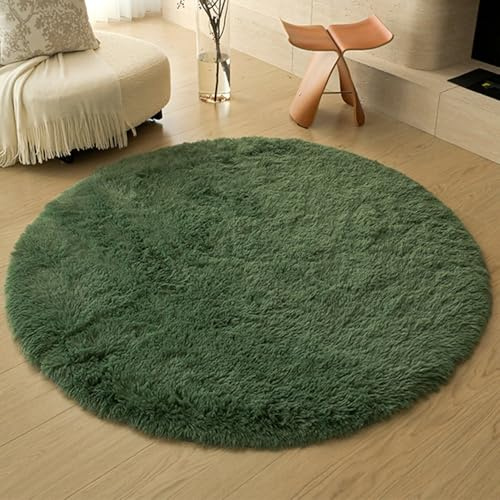 Swsen Rund Teppich Wohnzimmer Super Weich - Shaggy Teppiche Flauschig Anti-Rutsch Unterseite - Moderner Carpet Waschbar Langflor Hochflor Teppiche 100 cm Durchmesser, Dunkelgrün