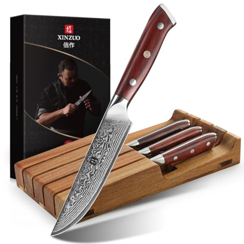XINZUO Juego de 5 Cuchillos de Bistec 67 Capas de Acero Damasco -Afilado Hoja Recta Cuchillo de Mesa -Profesional Cuchillos de Carne -Mango de Madera de Rosa -con Bloque Portacuchillos para Cajones