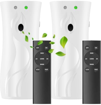 2-Pack Automatic Air Freshener Spray Dispenser with Remote Control,Wall Mounted/Free Standing for Commercial Use,Multiple Time Scent/Mist Release Settings for Room/Restroom (White, Standard)