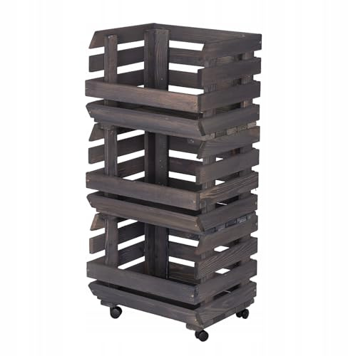STOLMAK Cassetta Porta Verdura In Legno 37x79x30 cm Con Ruote Scaffale Porta Patate Frutta E Verdura A 3 Livelli Con Ceste Impilabili Contenitore Cucina In Grigio