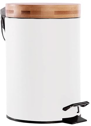 White 3L Metal Bathroom Bin with Bamboo Lid, Soft Close Pedal Bin