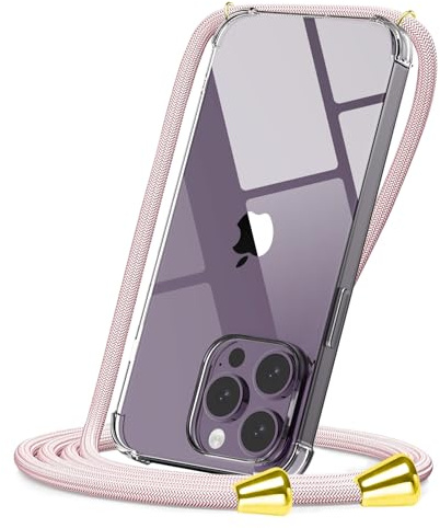 CAROKI for iPhone 14 Pro Max Clear Crossbody Phone Case with Adjustable Cord Strap TPU Soft Protective Cover Neck Lanyard Shockproof & Hands-Free Carrying-Rose Gold