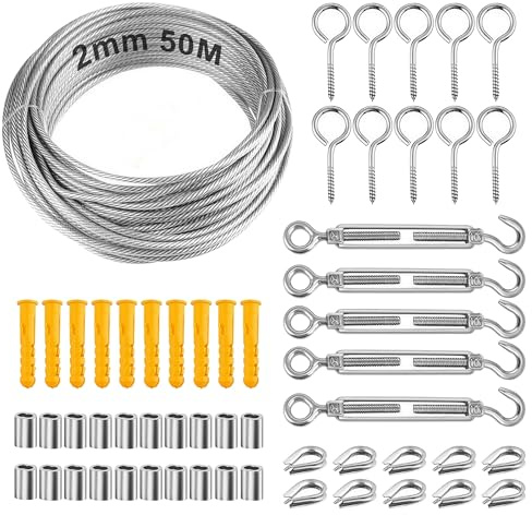 Garden Wire for Climbing Plants 50M: Lifegogo 2mm Stainless Steel Wire Rope Kit Heavy Duty Metal Wire with Turnbuckles Eye Screws & Crimping Sleeves for Trellis Fencing & Hanging Lights