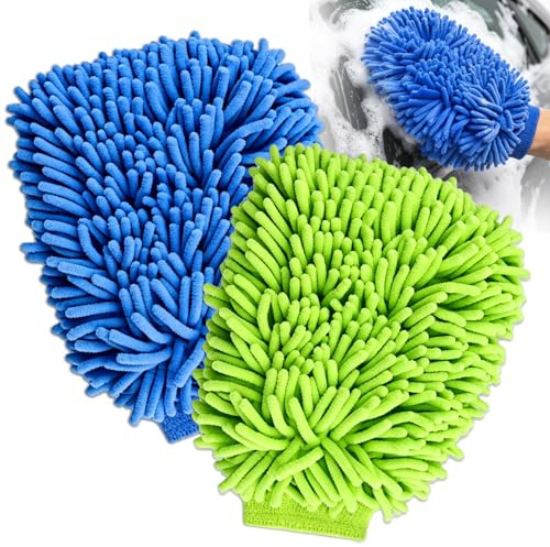 nailpretty Lot de 2 Gant de Lavage de Voiture, Microfibre Haute Qualité,Chiffon de Nettoyage, Anti-Rayures, Super Absorbant, pour Voiture Entretien Peinture (Vert Fluorescent,Bleu)