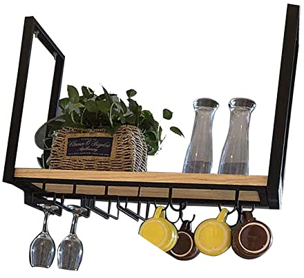 KHLMSRXJ Portabicchieri da soffitto con ripiano - Supporto per Piante in Legno massello sospeso - Portabottiglie da Vino in Ferro battuto Montato a Parete, Supporto per Esposizione da soffi