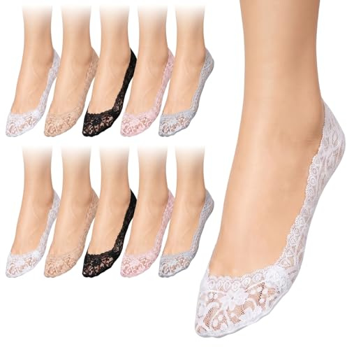 Dplolng 10 Pairs Lace No Show Socks,Low Cut Ultra Thin Lace Non Slip No Show Socks for Women Loafers Flats,Multicolor