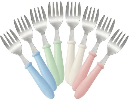 8Pcs Stainless Steel Training Forks Set, Portable Short Handle Cutlery with | Four Colors Blue Green White Pink, Compact 125 × 26 mm Forks for Dining and Travel Use; relevant for kids forks