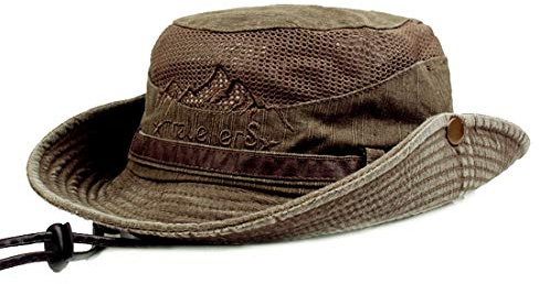 KeepSa Solhatt i bomull med UV-skydd, sommarhatt, strandhatt, safarihatt, boonie-hatt, militärhatt, vikbar fiskehatt med ventilerande nät och justerbar hakrem, för män och kvinnor, Kaffebrunt, 7 1/4/7
