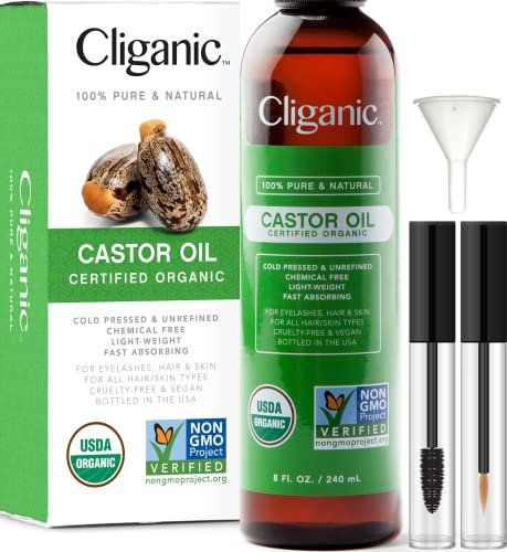 Cliganic Organic Castor Oil, 100% Pure (240ml with Eyelash Kit) - For Hair, Lash, Brows & Skin | Natural Cold Pressed Unrefined Hexane-Free | DIY Carrier Oil | Cliganic 90 Days Warranty
