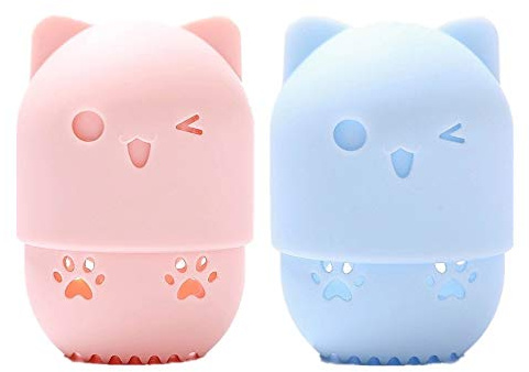 baixikly 2 Pcs Makeup Sponge Travel Case Makeup Sponge Holder Travel Case Cute Cat Shape Cosmetic Sponge Drying Holder Rack Washable & Reusable Makeup Blender Container for Home
