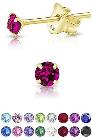 DTPsilver - Winzige Ohrringe 925 Sterling Silber Gelb Vergoldet mit Kristallen von Swarovski® Elements Runde Sehr kleine Ohrstecker - Durchmesser 3 mm - Farbe : Fuchsie