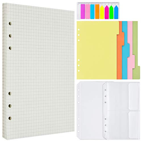 A6 Papier Karierte Nachfüllpapier Set, 6 Löcher Nachfüllbare Notizpapier, 160 Rasterseiten, 5 Stücke Farbige Trennblätter, 160 Stücke Haftnotizen Bunt, 2 Stücke Umschlägbeutel für Notizbuch
