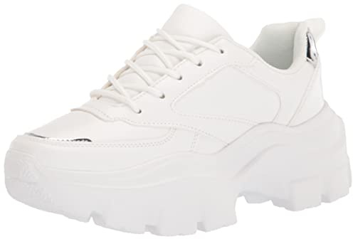LUCKY STEP Women 90S Chunky Platform Reflective Sneakers - White Hologram Casual Lace-Up Walking Dad Sneakers(White/Silver,7 B(M) US)