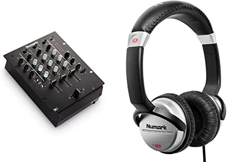 Numark M4 – Table de Mixage DJ 3 Voies pour Platine DJ Montable en Rack avec EQ 3 Bandes & HF125 – Casque Professionnel pour DJ Ultra-Portable avec Câble de 1,8 m, Haut-Parleurs 40 mm
