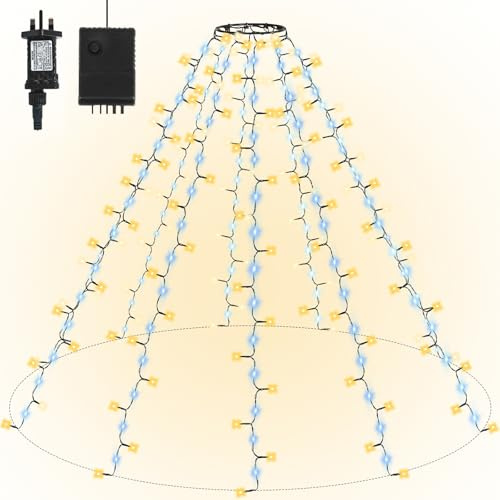 Gresonic Christmas Tree Lighting with Ring, 280 LED 2M Warm White & Cold White Flow Plug in 8 Modes Timer Crimp Fairy Light with 8 Lines, IP44 Xmas String Chains for Indoor Outdoor Tree Decoration
