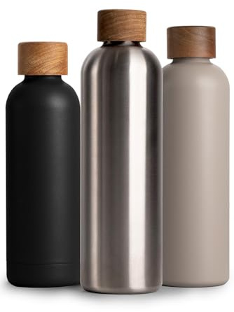 T&N Edelstahl Trinkflasche 1 Liter, Thermosflasche 1l mit Akazienholz Deckel, Isolierte Wasserflasche auslaufsicher bei Kohlensäure, Isolierflasche 1000ml - Silber