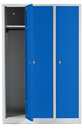 Schrank & Stuhl Spind – Metallspind mit 3 Abteilen in 180 x 120 x 50 cm, Schließfachschrank mit Hutboden & Drehriegelverschlüssen, Lieferung komplett montiert, Grau/Blau