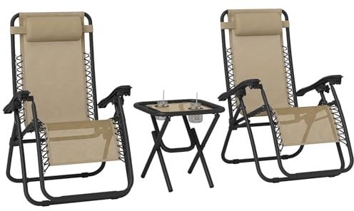 Outsunny Folding Zero Gravity Chairs, 3 Pieces Adjustable Sun Lounger and Table Set with Cup Holder and Headrest, Patio Bistro Set with Reclining Garden Chairs for Outdoor, Beige