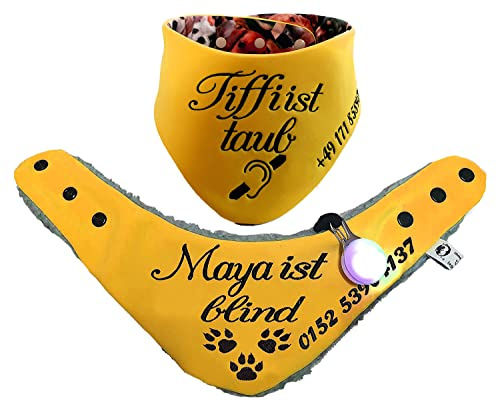 Hundehalstuch für blinde oder taube Handicap Hunde mit Name gelb Größe XXS XS S M L XL XXL XXXL WUNSCHNAME Halstuch Hund Tuch Telefonnummer (Softshel gelb)