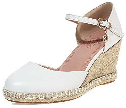 Lroey Reoly Espadrille con Tacco Alto Donna, Sandali Punta Rotonda Eleganti Zeppa Scarpe da Sera con Plateau Fibbia con Cinturino Alla Caviglia Bow 167 Bianco Numero 33 EU