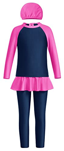 FYMNSI Kinder Baby Mädchen Muslimischen Badeanzug Modest Islamischen Ganzkörper Full Cover Langarm Top Hose Hut Burkini Set Wassersport Surfen Outfit Bademode Schwimmanzug Marineblau 9-10 Jahre