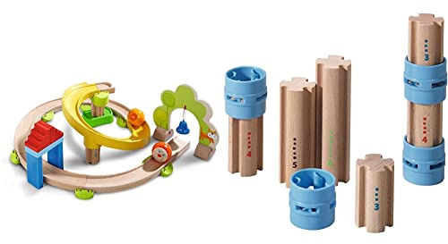 Haba 300439 - Kugelbahn Kullerbü - Kringelbahn, Holzkugelbahn mit vielen Kurven und Glöckchentor, Spielzeug ab 2 Jahren & 300850 Kullerbü Ergänzungsset Säulen