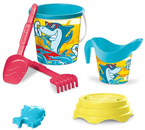 Mondo Toys - Bucket Set + Water CAN Surfing Shark - Sandeimer Set ø17 cm mit Giesser - 6-Teiliges Strandspielzeug Set für Kinder ab 3 Jahren, Strandset - 28724