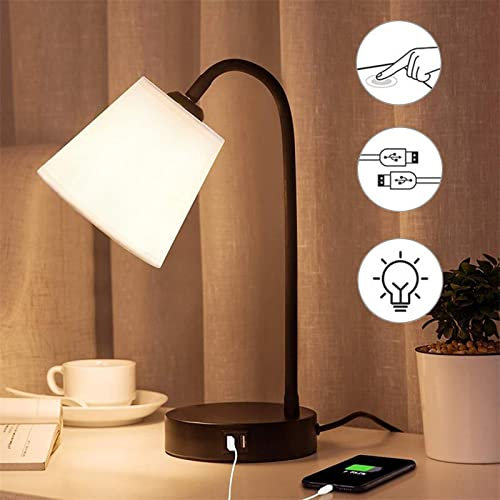WYQSX Nachttischlampe Touch Dimmbar mit USB-A+Typ-C-Anschlüssen, 3000K E27 6W 480LM LED Birne, 3 Helligkeitsstufen, Moderne Schwanenhals Tischlampe für Wohnzimmer Schlafzimmer Büro Kinderzimmer