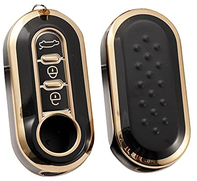HIBEYO Klappschlüssel Autoschlüssel Hülle passt für FIAT Schlüsselhülle Silikon Schutzhülle für FIAT 500 Lancia Punto Panda Ypsilon Delta Grande Bravo Musa Schlüsselgehäuse 3-Tasten-Gold Schwarz