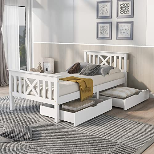 BTM Single Bed with Drawers, Wooden Single Bed with Storage, 3FT-90x190cm Solid Pine Wood Single Guest Bed For Adults, Kids, Teenagers (White)