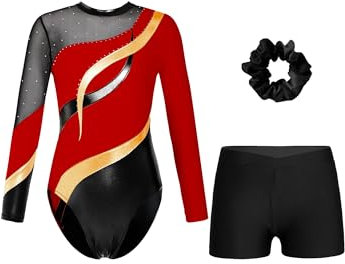 iiniim Mädchen Turnanzug Langarm Gymnastikanzug mit Shorts Haarband Glitzer Gymnastik Leotard Langarm Ballettanzug Wettbewerb Tanzkostüm Rot&Schwarz 134-140