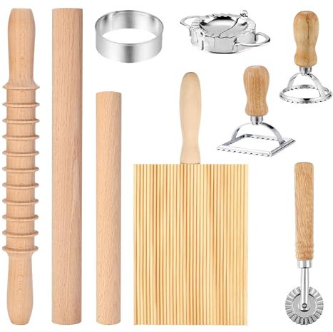 9Pcs Pasta Making Tools Set, Wooden Rolling Pin, Gnocchi Board, Ravioli Stamp Maker Cutter, Pastry Cutter Wheel, Dumpling Maker Press, Pierogi Skin Mold for Making Pizza Pie Dough Dumplings Pierogi