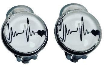 Cabochon Ohrclips EKG Linie Herz schwar weiß mit Polster Edelstahl 8 mm oder 12 mm (8 mm zzgl. Fassung)