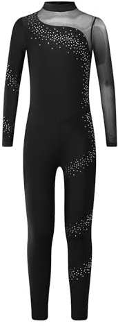 Vxuxlje Gymnastikanzug Mädchen Langarm Ganzkörper Glitzer Turnanzug Patchwork Ballett Strass Trikotanzug Tanzbody Voltigieranzug Akrobatik Anzug