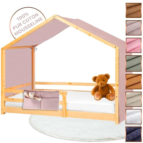 Lovely Hippo Tenda Letto Bambini 100% Cotone - Tenda Letto Montessori per Letto Bambini 80x160 e 90x190cm - Modelo 2 (Petalo/Oro + Astuccio, 97 x 402 cm + Astuccio)