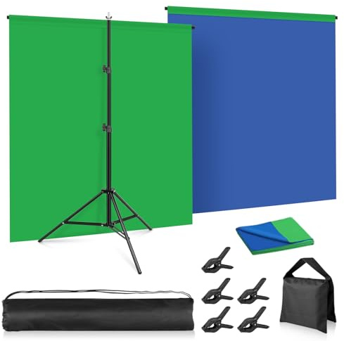 Foccalli - Telón de fondo verde y azul con soporte, kit de fondo de pantalla azul y verde 2 en 1 de 6.5 x 5 pies para sesión de fotos de juegos de transmisión de teclas Chroma con bolsa de transporte