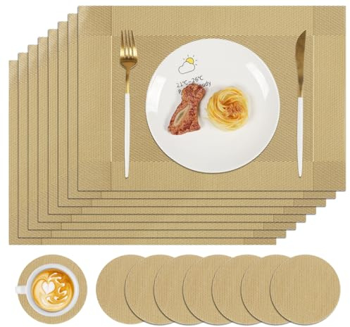 Famibay Tischsets und Untersetzer 8er Set Gold Weihnachten Tischsets Hitzebeständig Waschbar Kunststoff Tischmatten für Küche Esstisch