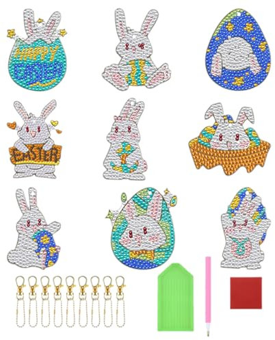 Larfraecy 9Pcs Ostern Diamond Painting Schlüsselanhänger Kit Hase Ostereier 5D Strass Malerei Doppelseitig Diamond Art Painting Schlüsselanhänger DIY Diamond Painting Deko