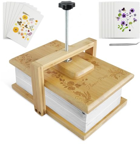 Whemyreat Presse de reliure, presse à fleurs en bois, kit de conservation pour plantes à fleurs pressées, presse à papier, presses de reliure avec 6 papiers absorbants, 1 pince (blanc)