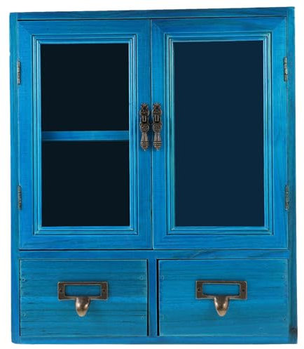 Rustikaler Wandschrank aus Holz mit Hängeregal für Bad und Küche, Blau