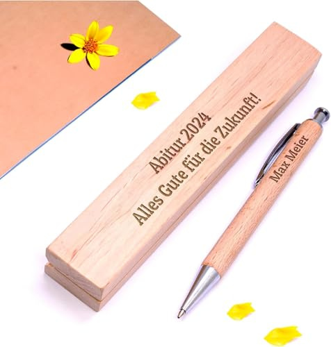 Diamandi Holz-Kugelschreiber mit Gravur inkl. Etui - Personalisiert mit Name oder Spruch - Holz Stift als Geschenk-Idee zur bestandenen Prüfung, Schulabschluss, Geburtstag (Holzstift-Abitur)