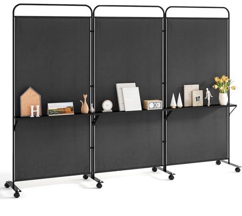 CASART 3-Panel Room Divider with Storage Shelves, 188cm Tall Folding Privacy Screen on Wheels, Rolling Room Partition Freestanding Separator for Home, Office (Black)