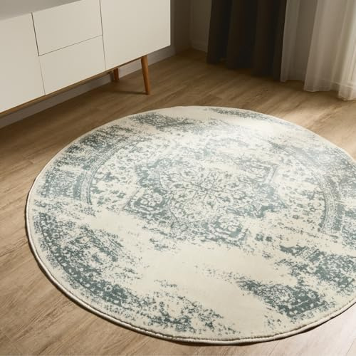 benuta Basic Teppich Suki - Creme/Mint 160 cm rund - Kunstfaser - rund & im Style: Vintage, Orient Style - Pflegeleicht für Wohnzimmer Schlafzimmer