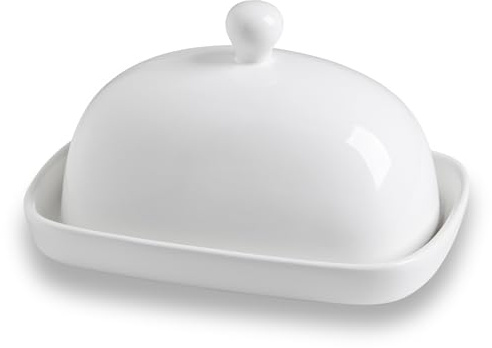 Sweejar Home Ceramic Butter Dish with Lid for Countertop,Porcelain Butter Keeper with Knob Handle,Butter Container for East/West Coast Butter, 7.3*4.1 inches (White)