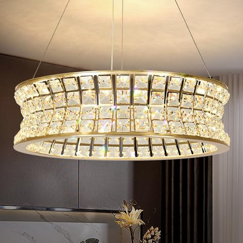KUNYEEE Modern Crystal Chandelier Gold, LED Round Pendant Light Fixtures, Adjustable Golden Hanging Chandeliers for Foyer, Living Room, Dining Room 40cm